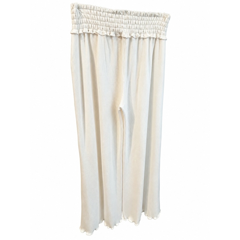 Ocean Drive Wide Leg Pants Women Size M Cream EUC Smocked Ribbed Lettuce Hem